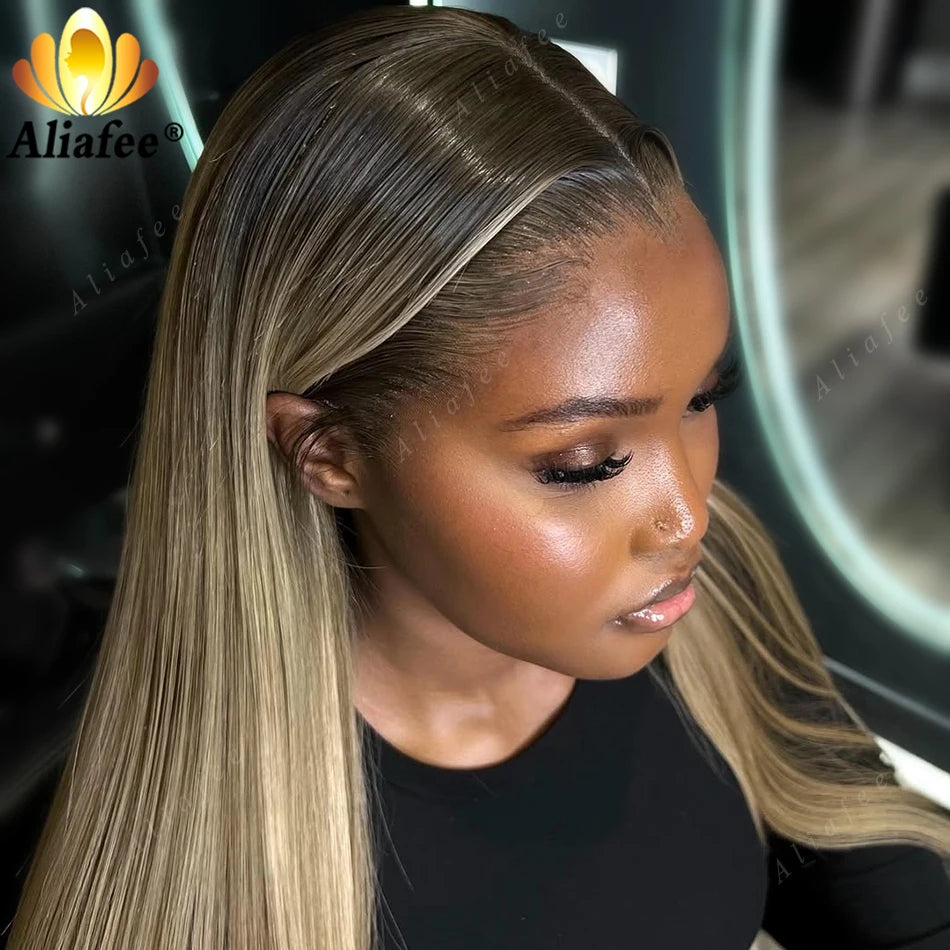 Ombre Dirty Blonde Straight Lace Frontal Wig 13x6 Human Hair Wigs Ash Blonde with Dark Roots 13x4 Lace Front Wigs for Women