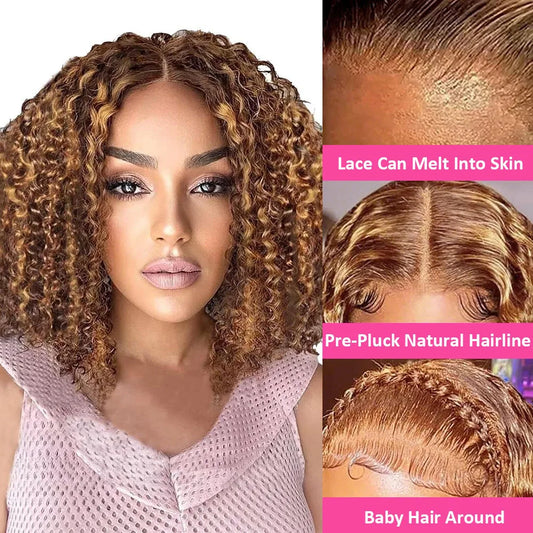 4/27 Highlight Curly Wigs Short Bob Wig Human Hair Brazilian Water Wave Ombre Blonde Color 13x4 Full Lace Frontal Wig For Women