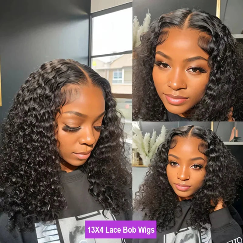 Deep Wave 13x4 Lace Frontal Bob Wig 200% Density Brazilian Pre Plucked 100% Human Hair Wigs #1B Water Wave Invisible Lace Wigs