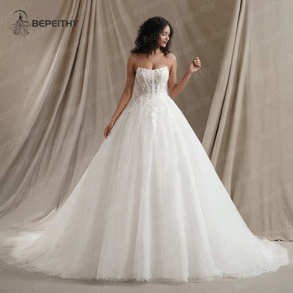 BEPEITHY Customized Strapless Glitter Princess Wedding Dresses 2025 Women Sleeveless 3D Flowers Bride Sexy Bridal Gown Vestido
