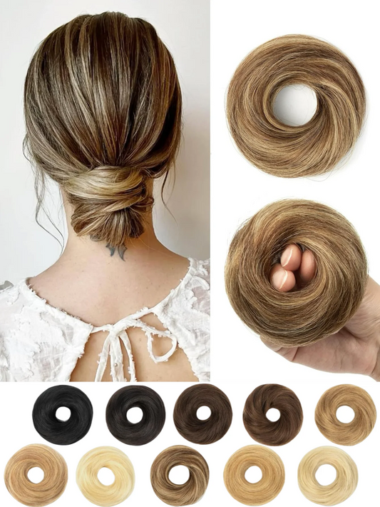 Messy Bun Hair Piece Human Hair Natural Black Wavy Tousled Stretchy Fluffy Donut Updo Elegant Chignon with Elastic Rubber Band