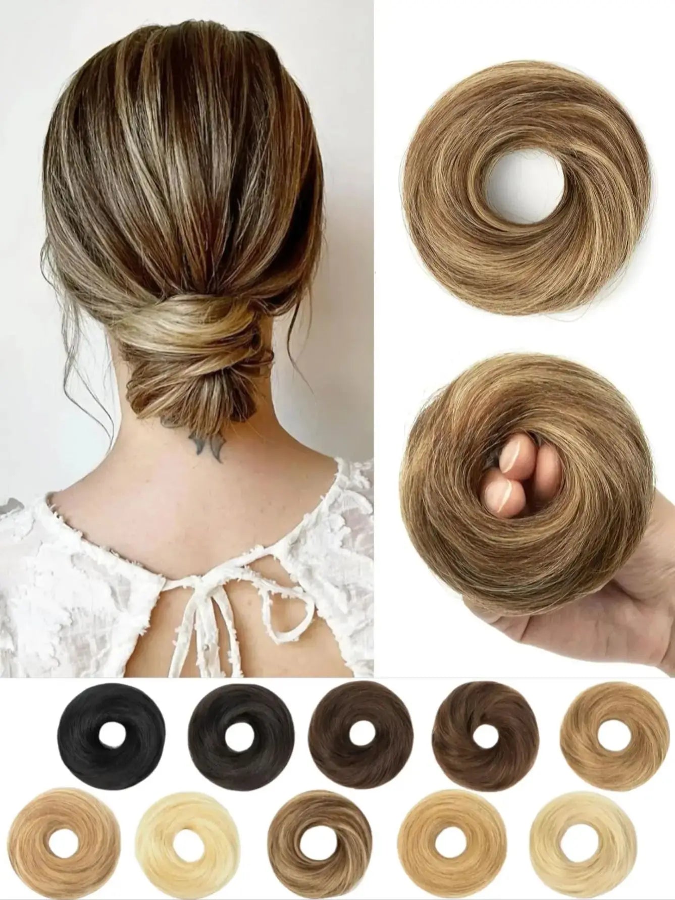 Messy Bun Hair Piece Human Hair Natural Black Wavy Tousled Stretchy Fluffy Donut Updo Elegant Chignon with Elastic Rubber Band
