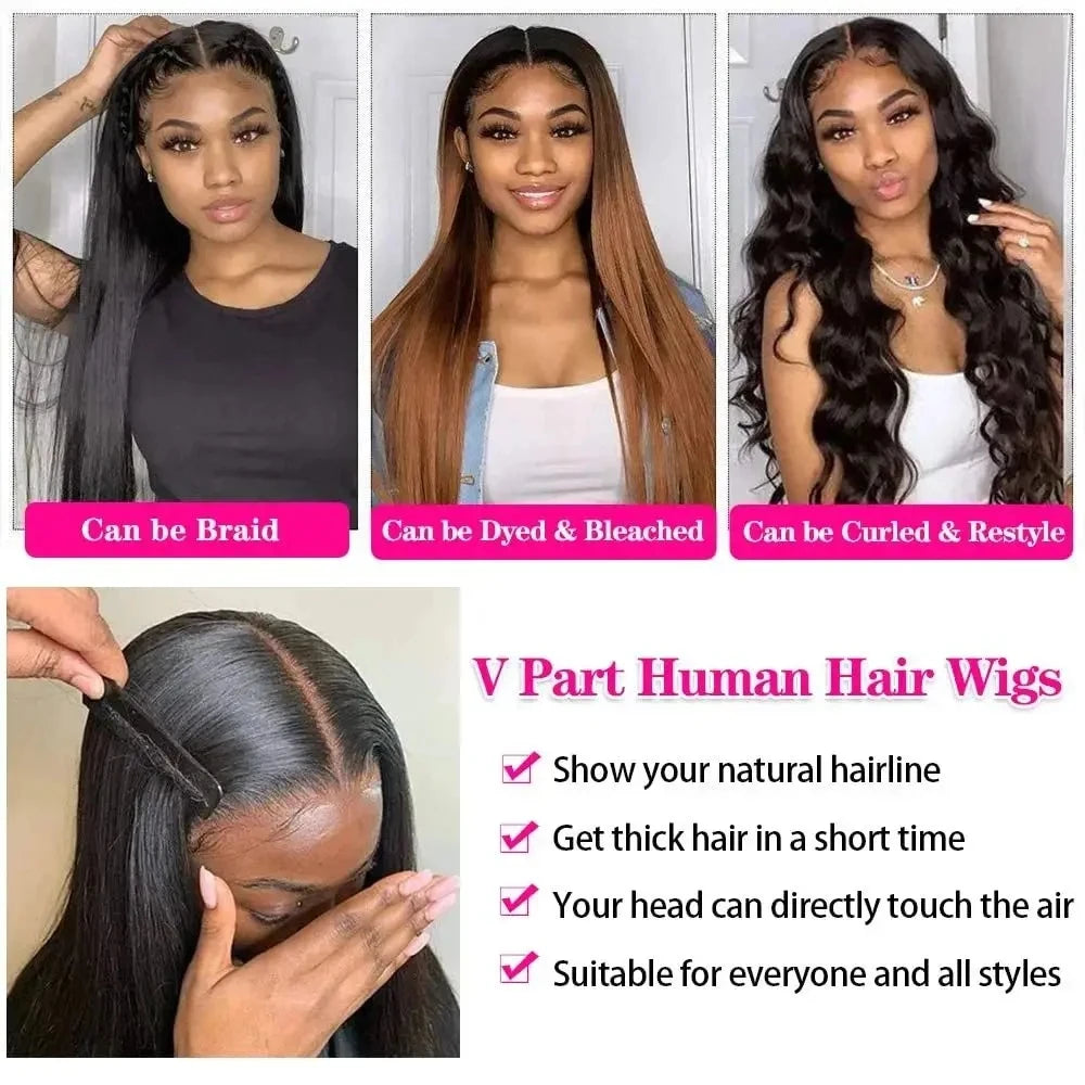 250 Density Straight Hair V part Wig 16-34Inches Upgrade Brazilian Glueless Wigs For Women 100% Human Hair Head Clip In Half Wig
