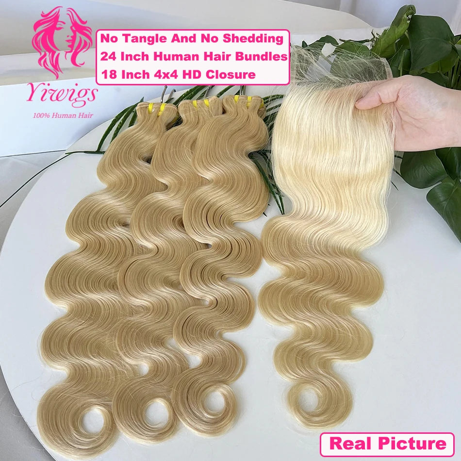 Yiwigs 12A Grade 613 Blonde Colored Body Wave 100% Human Hair Bundles With 4x4 Real HD Lace Closure Hair Weave Extensions Thick