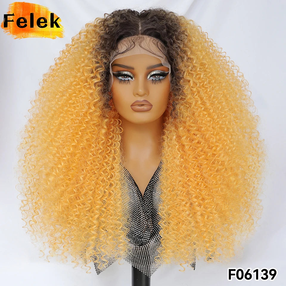 Long Afro Kinky Curly Synthetic Wig 24 Inch Jerry Curl Deep Part Lace Front Wigs For Female Ombre Blue Copper 613 Highlight Wigs