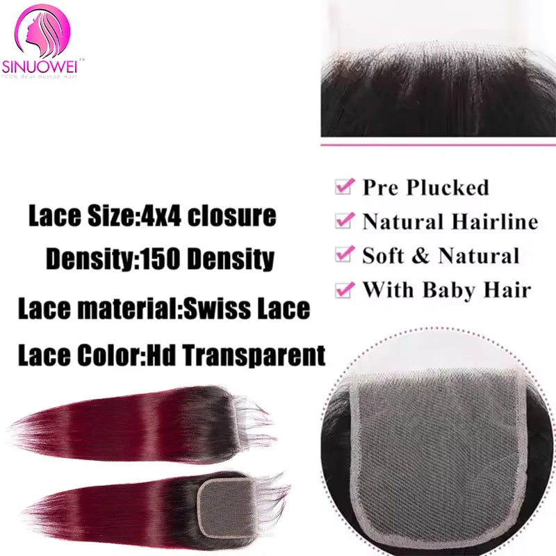 1B99J Ombre Straight Bundles With 13x4 Lace Frontal Human Hair 3/4 Bundles With Red Burgundy Straight Virgin Hair Closure