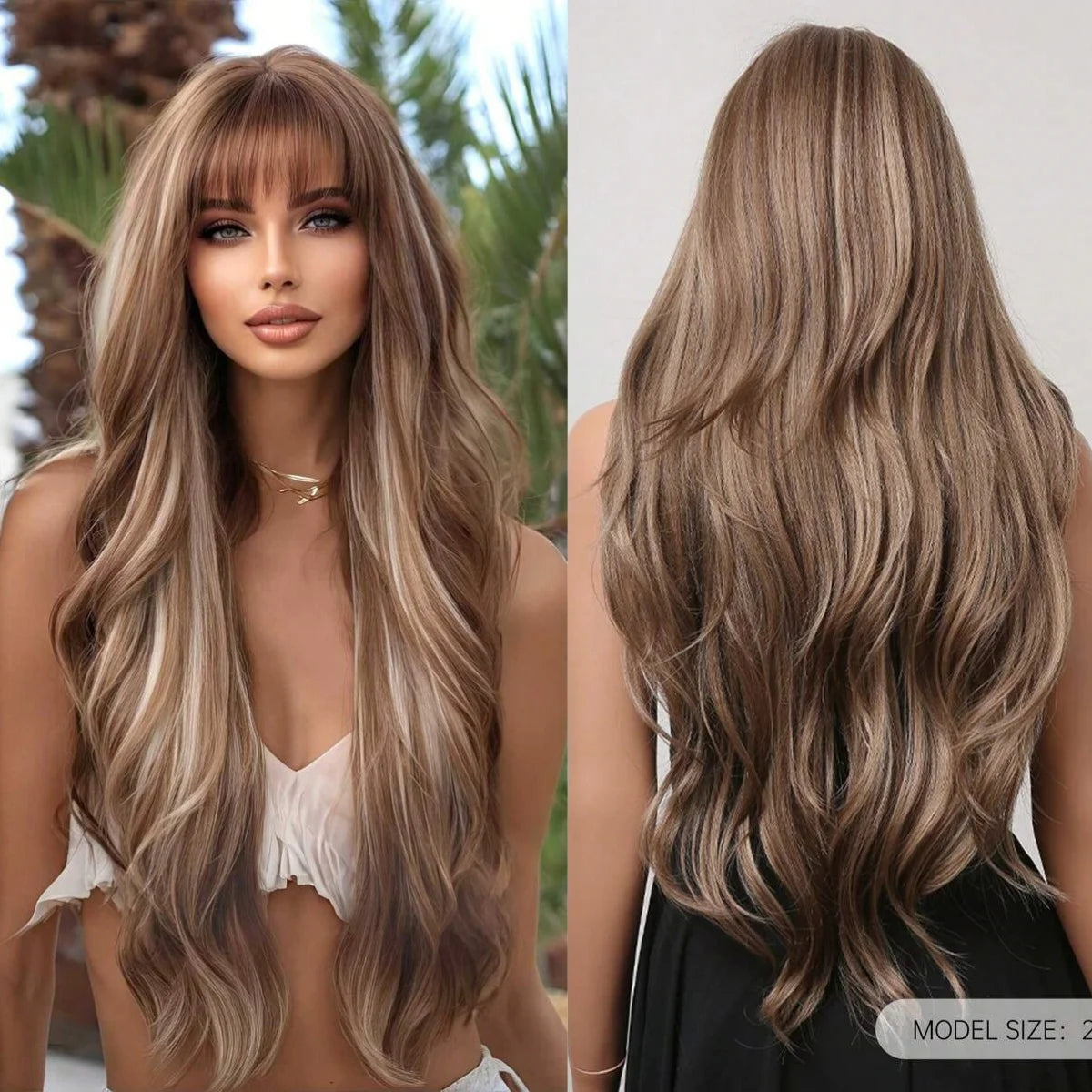 28 Inch Long Curly Wig With Bangs Ombre Brown Hair Wigs For Women Highlight Blonde Synthetic Wigs For Daily Party Heat Resistant