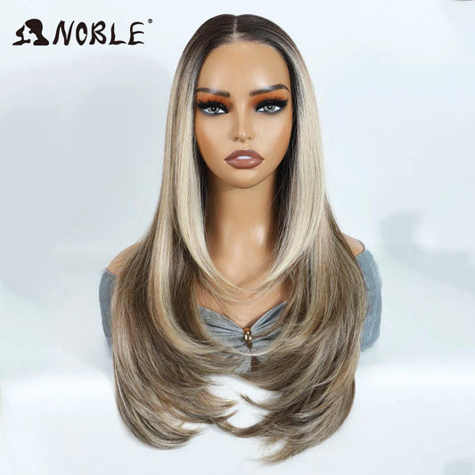 Noble Synthetic Lace Front Wigs For Woman 24 Inch Straight Lace Wig Ombre Brown 6x4 Pre Plucked Pre Cut Wear and Go Glueless Wig