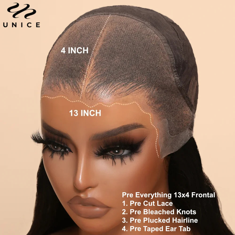 UNice 3D Body Wave Wig 250% Density 13x4 Human Hair Lace Frontal Wig Pre Plucked Pre Bleached Pre Cut Gluless Wig Ready To Wear