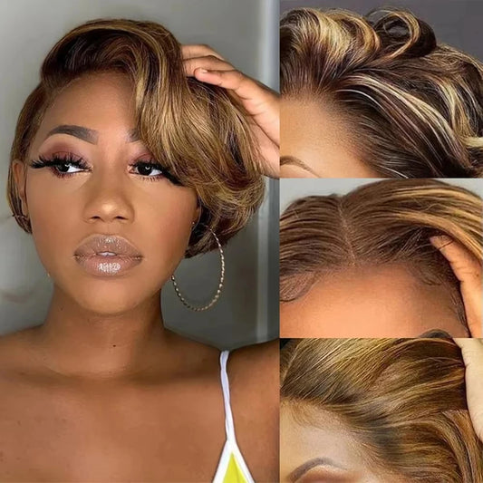 Brown Colored Pixie Cut Short Highlight Lace Human Hair Wigs For Women Ombre Short Brazilian Human Hair Wig Straight Pre Plucked