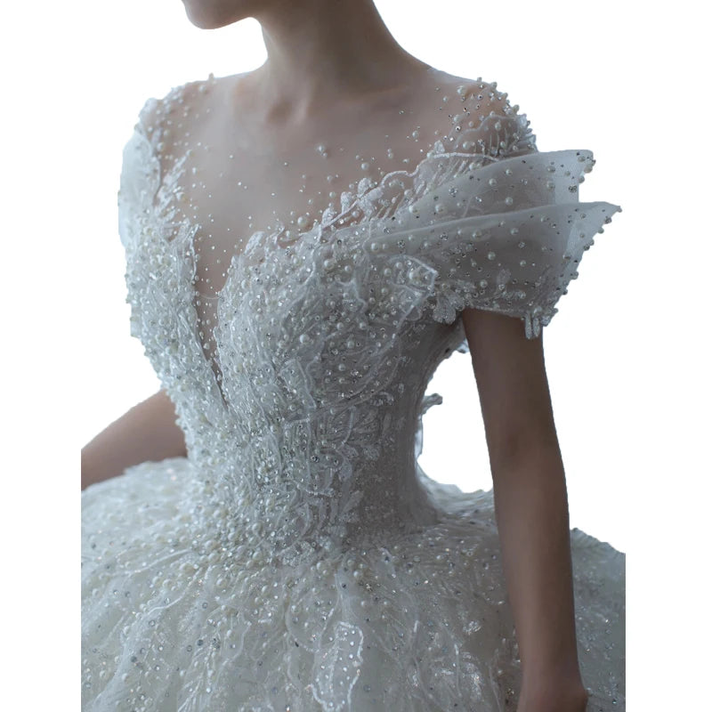 2024 New Luxury Wedding Dress The Shoulder V-neck Sexy Lace Applique Princess Wedding Gown With Pearls Vestido Noiva Customized