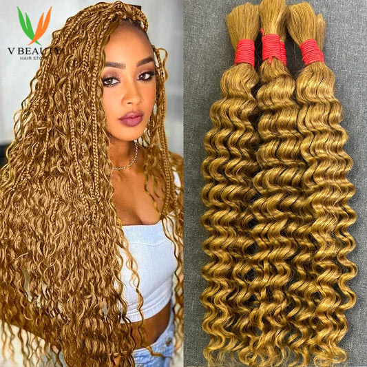 V Beauty Human Hair for Braiding Deep Wave #27 Honey Blonde Bulk Human Hair Bundles No Weft Hair Bulk for Women Hair Extensions