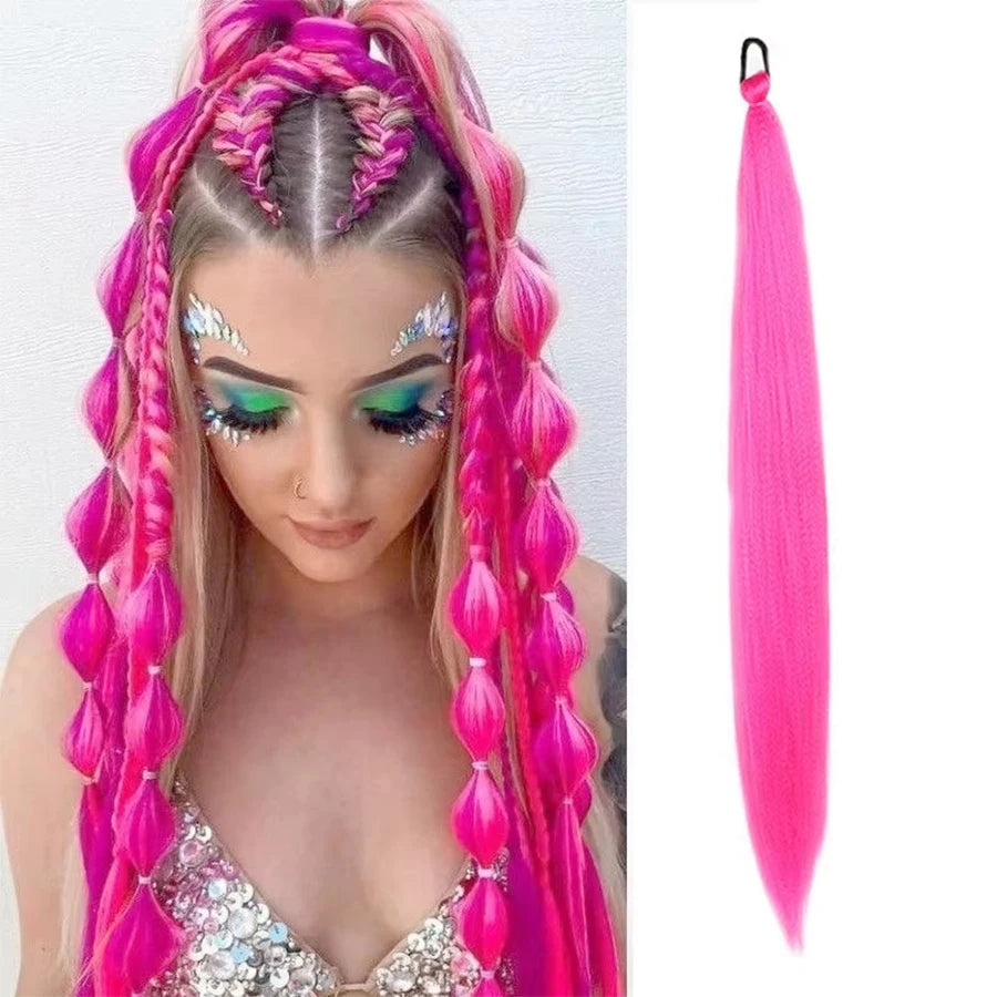 2PCS 26Inch Synthetic Long Straight Ponytail with Elastic Hair Colorful Braiding Hair Ponytail Hair Extensions Hair Accessories
