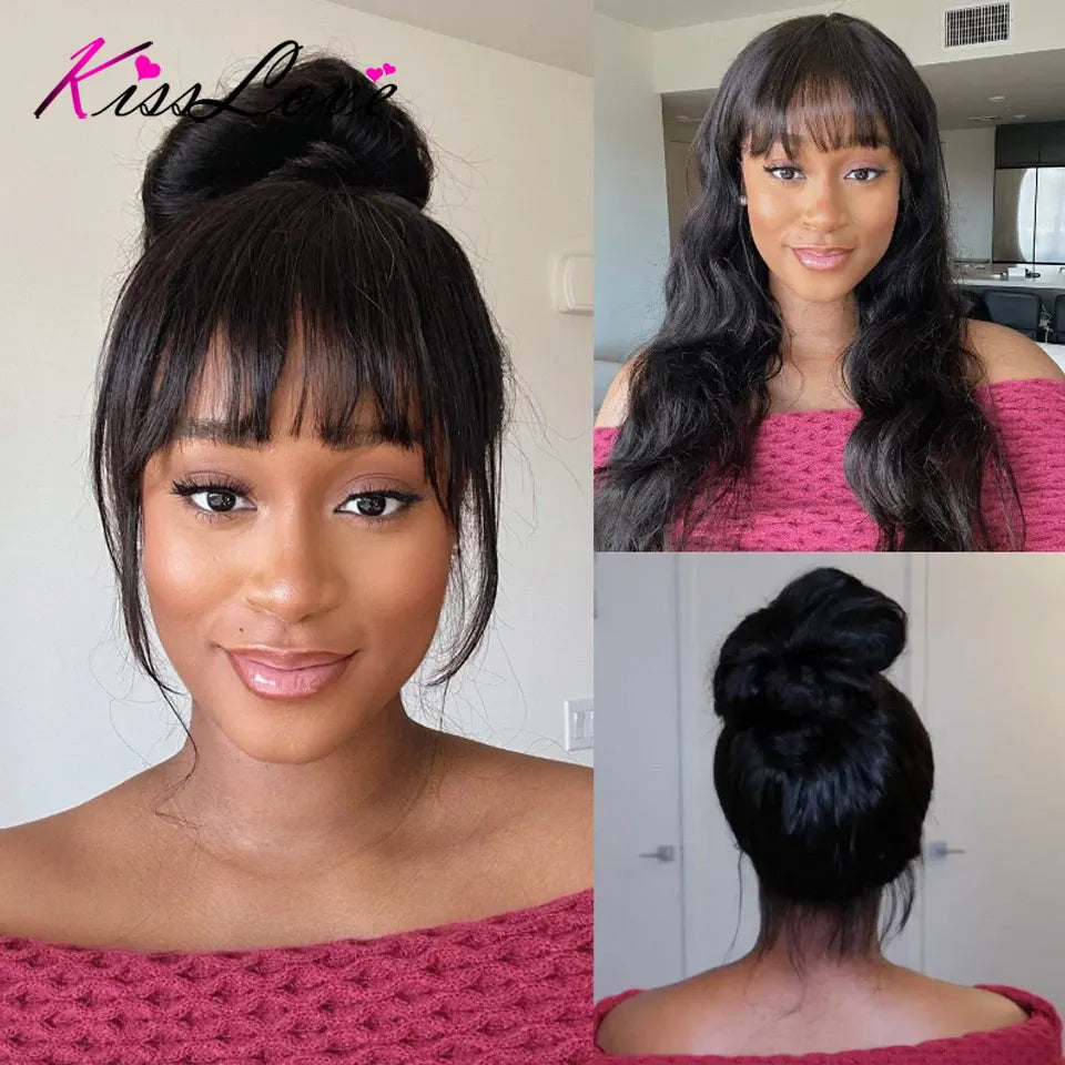 KissLove Invisi Strap 360 Lace Frontal Wigs Human Hair Layer Cut Body Wave with Bang Glueless Wigs Human Hair Salon Hairstyles