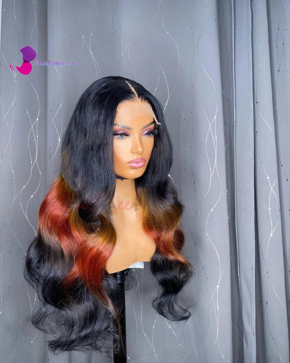 Jet Black Ombre Orange Ginger Mixed Colored Human Hair Long Wigs Body Wave Lace Front Wig Real Human Hair Wig for Black Women