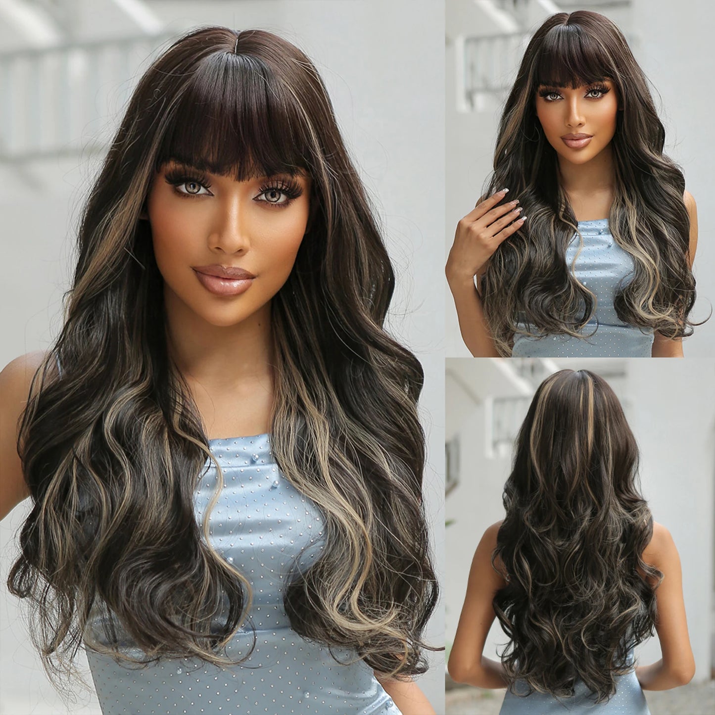 28 Inch Long Curly Wig With Bangs Ombre Brown Hair Wigs For Women Highlight Blonde Synthetic Wigs For Daily Party Heat Resistant