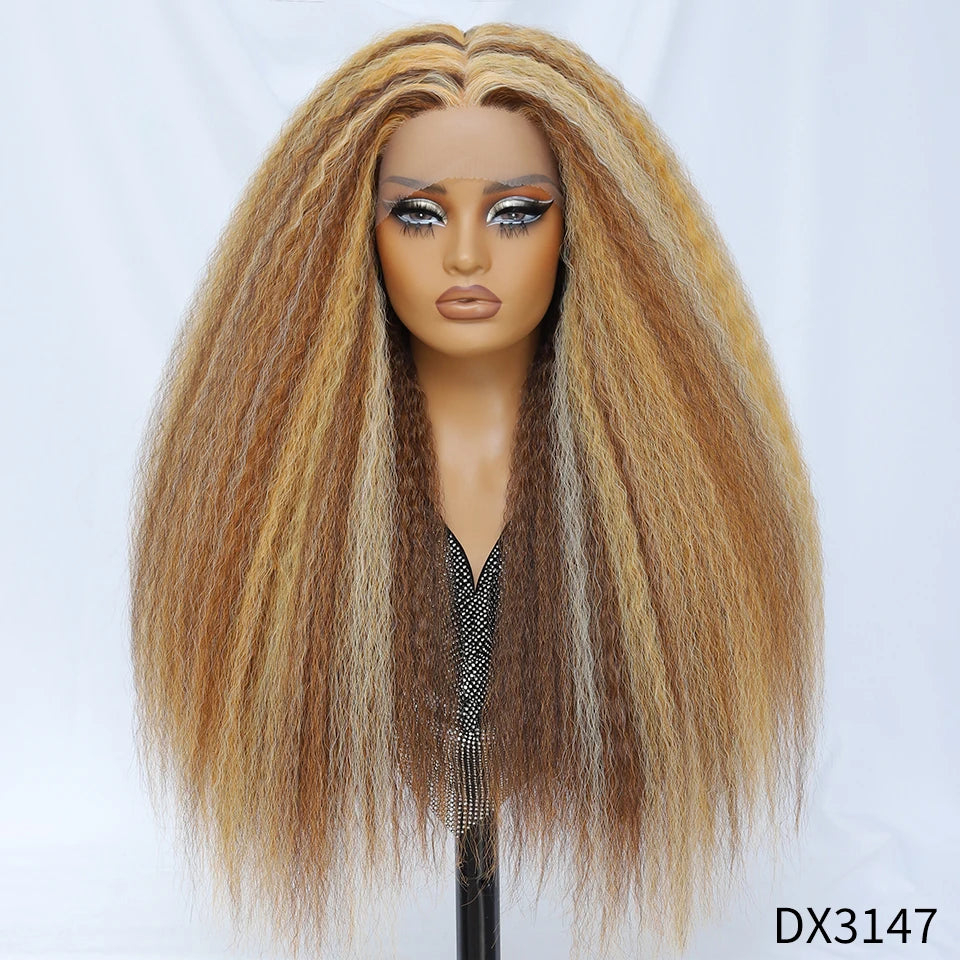 28 Inch Kinky Straight Lace Wigs Synthetic Black T Part Yaki Straight Lace Front Wigs For Women Brown Afro Wigs With Hair Line