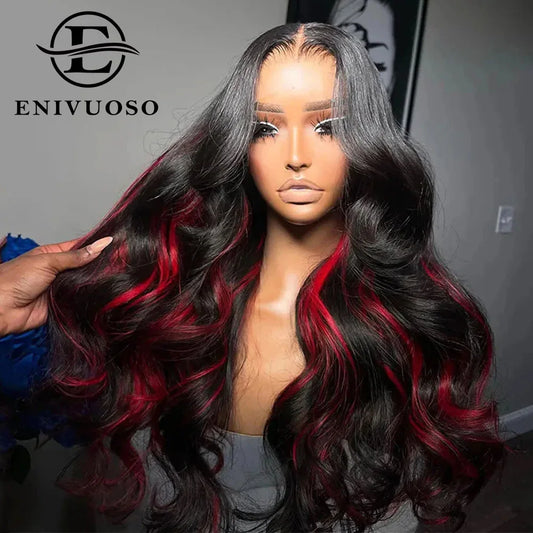 Ombre Burgundy Highlight Synthetic Lace Front Wigs Pre Plucked with Baby Hair Body Wave 13x4 HD Lace Front Wigs for Black Women