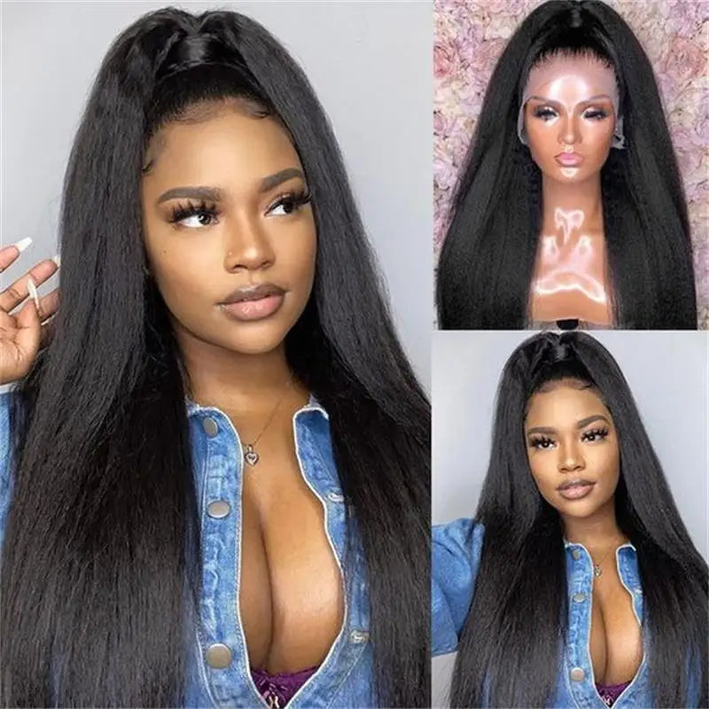 Kinky Straight Human Hair Wig 13X4 Kinky Straight Wig Human Hair  PrePlucked With Baby Hair Yaki Straight Lace Front Wigs
