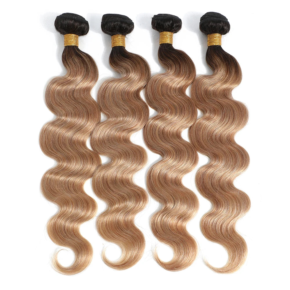 Ombre Human Hair Bundles With Closure Body Wave 100% Unprocessed Virgin Hair Brown Blonde Colored 3/4 Bundles With Closure