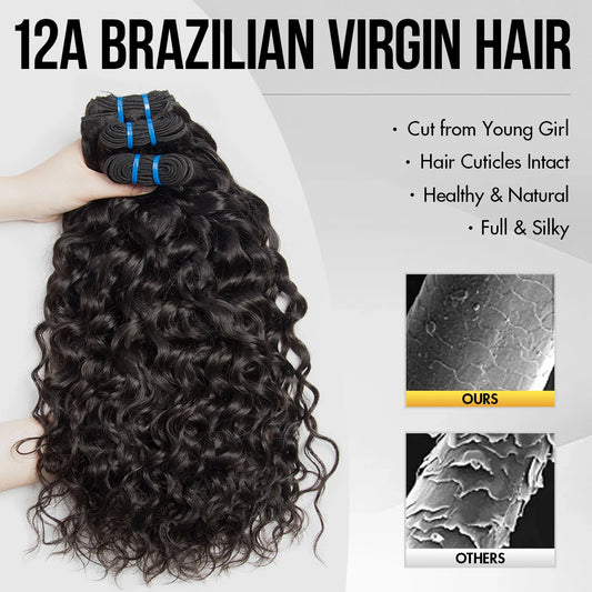 100% Human Hair Bundles 12A Unprocessed Water Wave Bundles Human Hair Weaving Maxine Wet and Wavy Curly Hair Bundles Extensions