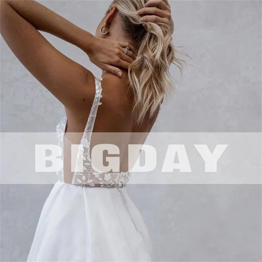 A-Line Wedding Dress Women Lace Open Back Square Collar Spaghetti Straps Split Bridal Gown Train Vestidos De Noiva Customized