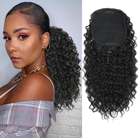 Drawstring Ponytail Kinky Curly Ponytail Deep Wave 100% Human Hair Ponytails 16 Inch Clip on Ponytails For Black Women #1B