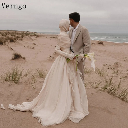 Verngo Modest Bridal Gowns HIgh Neck Full Sleeves Wedding Dresses Women Arabic Classy Bride Dresses Custmized