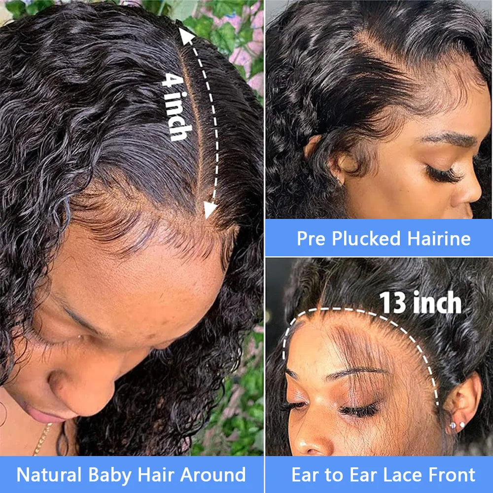 200 Density Deep Wave 13x4 Lace Front Human Hair Wigs Brazilian 100% Human Hair Pre Plucked Kinky Curly Short Bob Wigs For Women