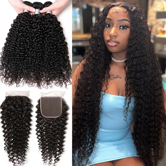 12A Kinky Curly Bundles With Closure Cheap Human Hair Extensions Jerry Curl Bundles Indian Deep Curly Wave Bundles With Closure