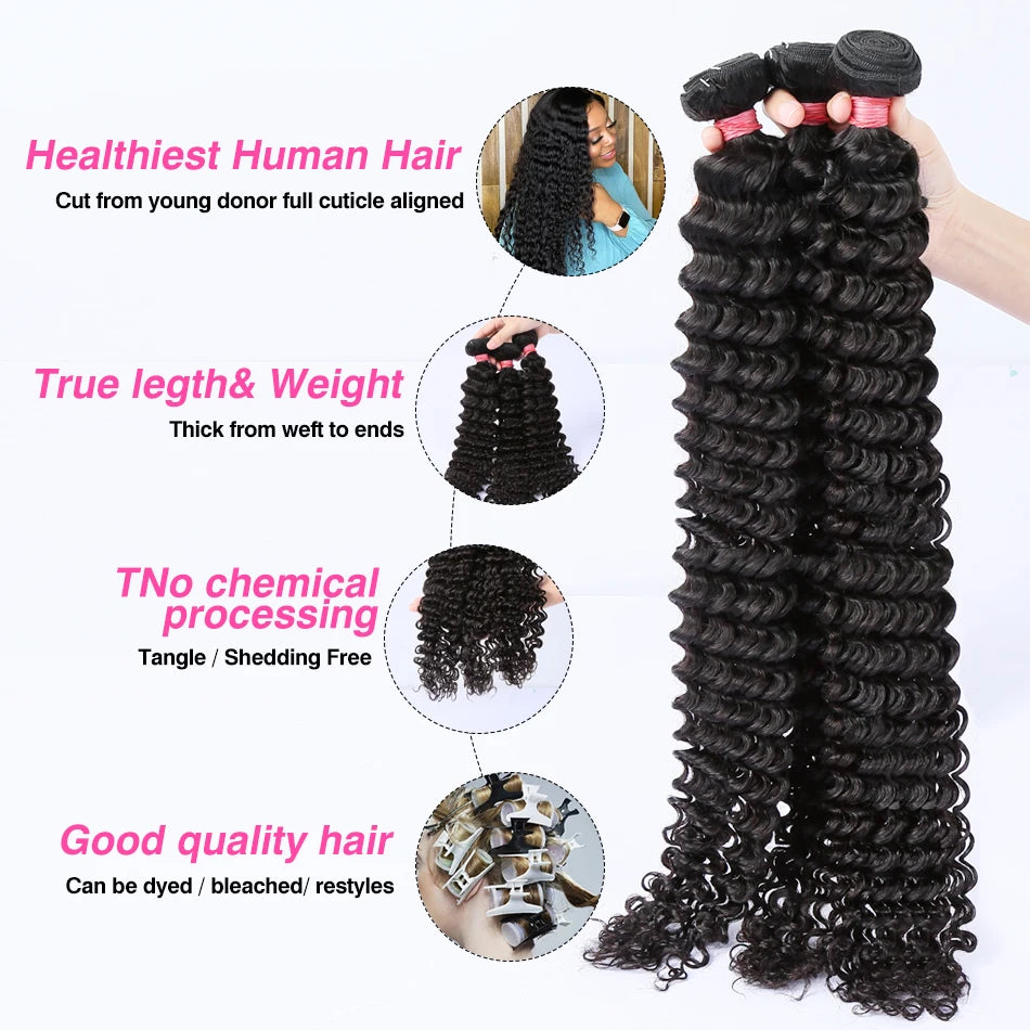 PD 30 32 36 40 Inch Deep Wave Human Hair Bundles Brazilian Remy Unprocessed Weaving Curly Hair Bundles Weave Extensions Deals