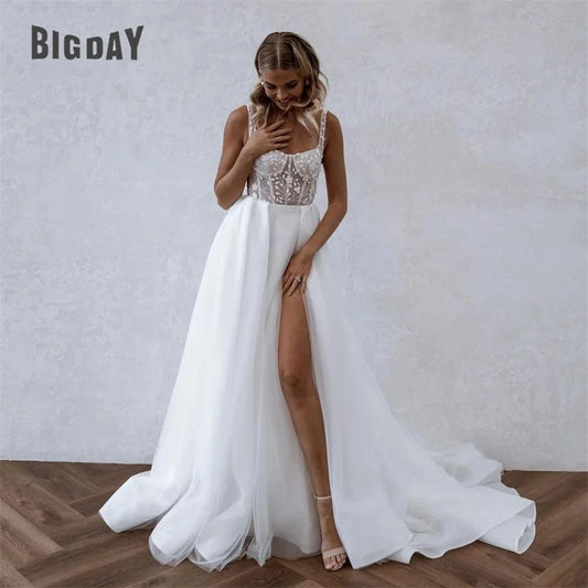 A-Line Wedding Dress Women Lace Open Back Square Collar Spaghetti Straps Split Bridal Gown Train Vestidos De Noiva Customized