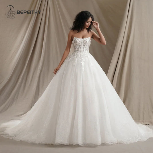 BEPEITHY Customized Strapless Glitter Princess Wedding Dresses 2025 Women Sleeveless 3D Flowers Bride Sexy Bridal Gown Vestido
