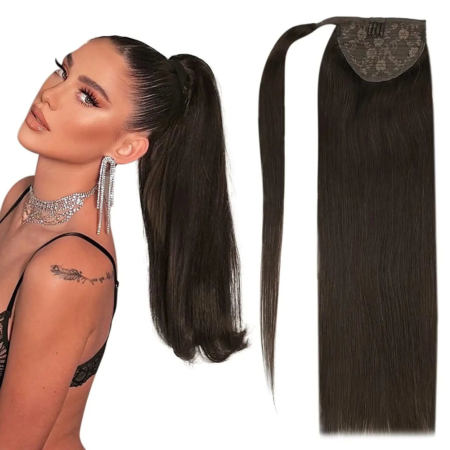 VeSunny Ponytail Human Hair Straight 80g Clip in Hair Extensions Human 14-22" Natural Hair Horse Tails No Claw Clip