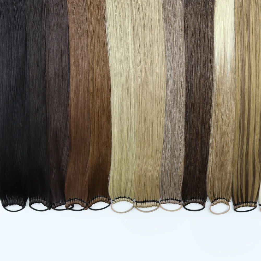 Synthetic 24Inch Ponytail Extensions Black Natural Braided Pony Tail Hairpiece Long Straight Rubber Band Hair For Women