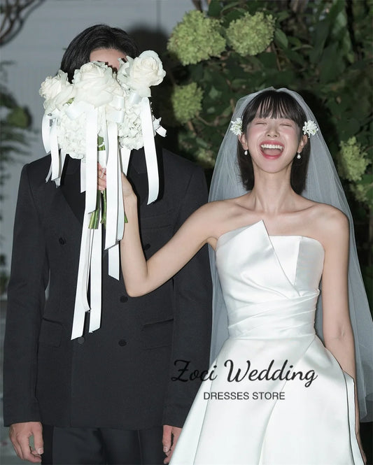 Zoci Satin Strapless Wedding Dress A-line Draped Sweep Train Korea Bridal Gown Customized Sleeveless Photo Shoot Gown for Bride