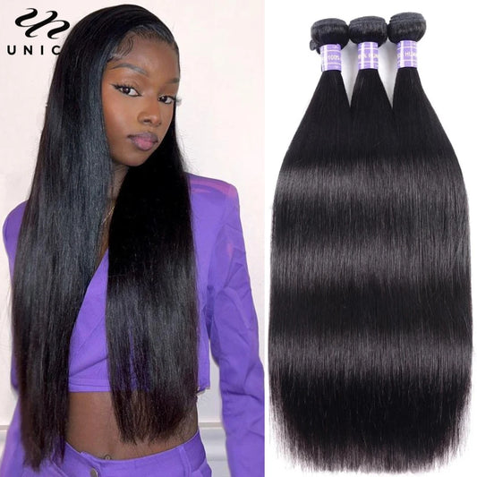 Unice Hair 8A Grade Straight Human Hair Bundles 3PCS Deal 100% Human Hair Natural Black Sew In Quick Weave Bundles Hair
