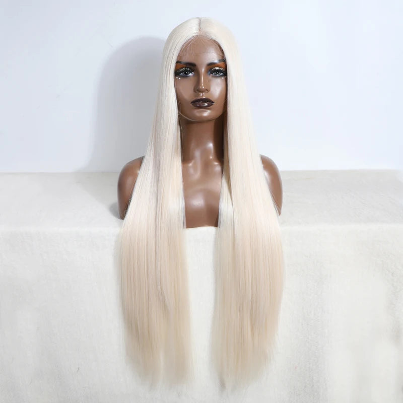 Soft Preplucked Ash Blonde White 26Inch 180Density Straight Lace Front Wig Synthetic With Baby Hair Glueless Daily Wear Wigs