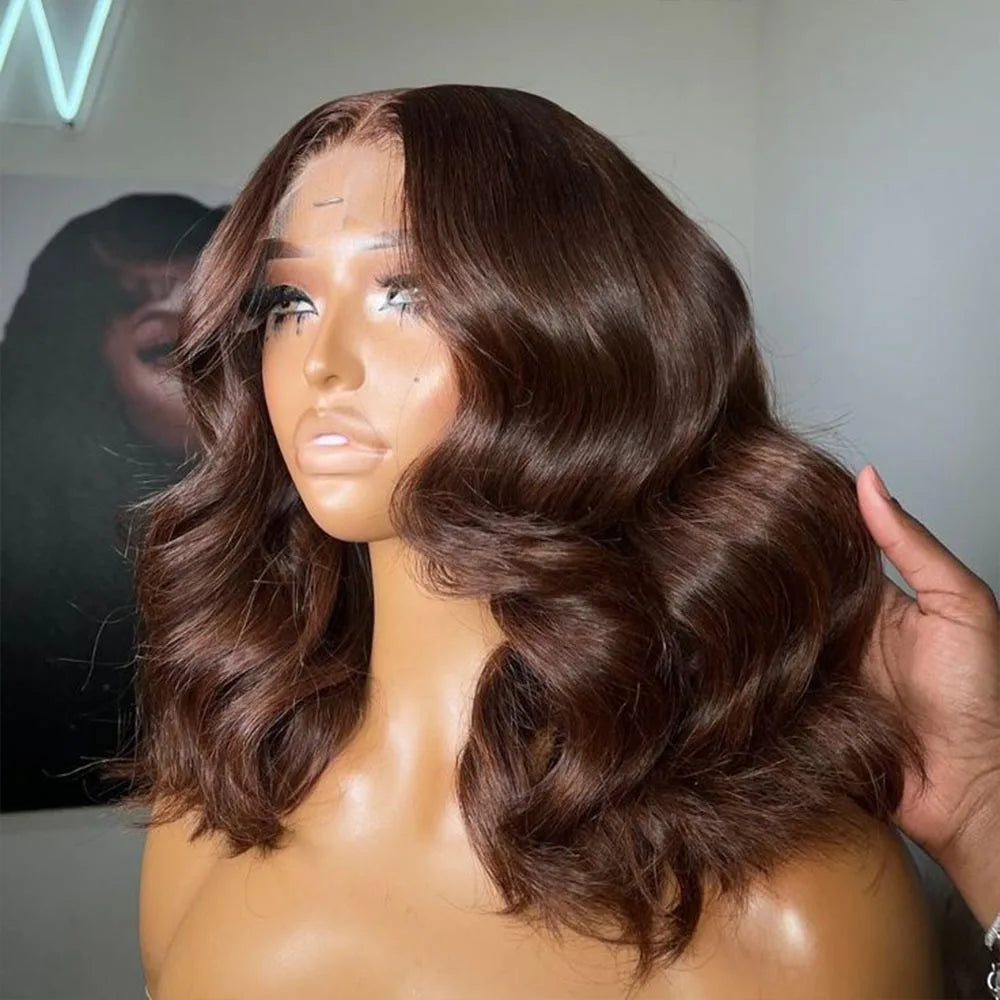 Chocolate Brown Body Wave Bob Wigs Human Hair 13x4 HD Lace Frontal Wigs 4# Colored 100% Human Hair Water Wave Preplucked 16 Inch