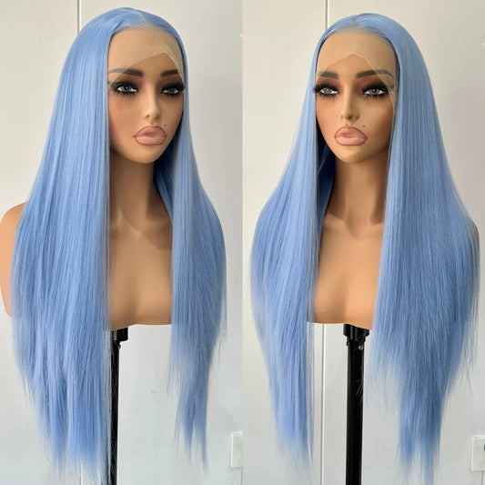 Long Silky Straight Light Blue Synthetic Hair Wigs for Women Free Part Sky Blue Colored Heat Resistant Fiber Cosplay Party Daily
