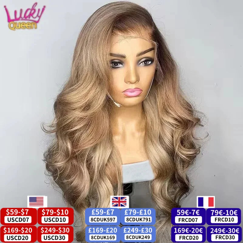 Ombre Blonde 13X4 Transparent Lace Front Human Hair Wig Brown Root Body Wave Ash Blonde 5X5 Closure Wig Pre Plucked