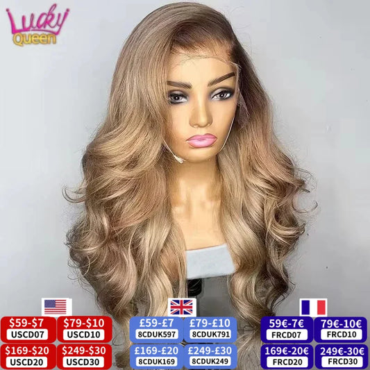 Ombre Blonde 13X4 Transparent Lace Front Human Hair Wig Brown Root Body Wave Ash Blonde 5X5 Closure Wig Pre Plucked
