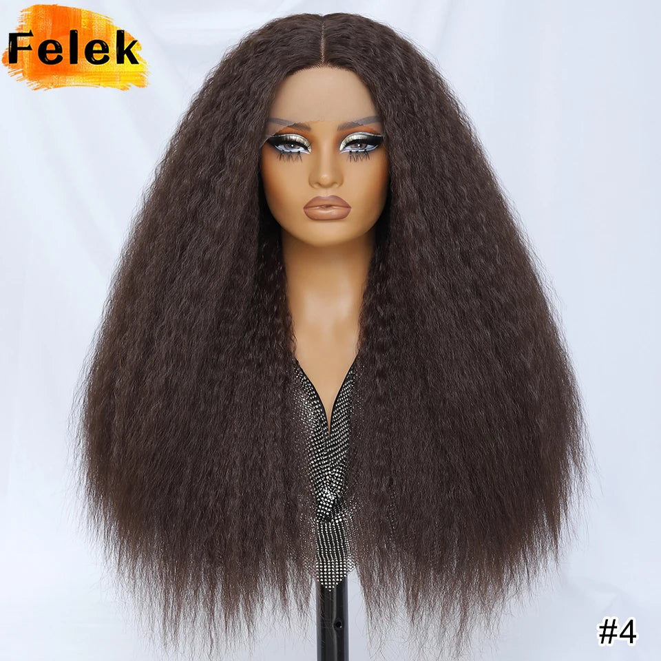 28 Inch Kinky Straight Lace Wigs Synthetic Black T Part Yaki Straight Lace Front Wigs For Women Brown Afro Wigs With Hair Line
