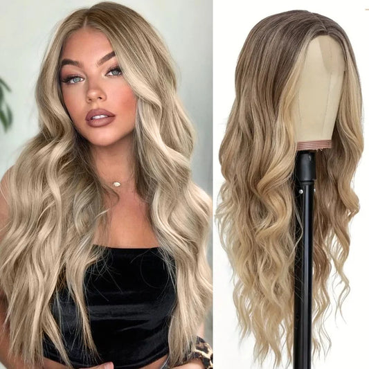 26 Inch Long Ash Blonde Wig for Women Ombre Blonde Highlight Wigs Middle Part Synthetic Lace Wig for Daily Cosplay Party Use