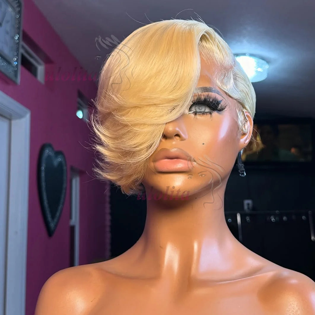 Pixie Cut Wig Brazilian 613 blonde Straight Side Part Wig 13x4 Short Bob HD Transparent Lace Front Human Hair Wig For Women