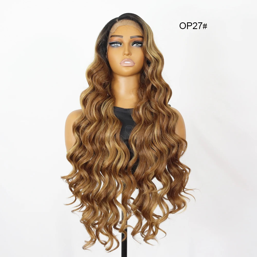 Ombre Highlight Wave Wig for Women Synthetic T-Part Lace Frontal Red Lace 13x5 Black Cosplay Daily Use Hair
