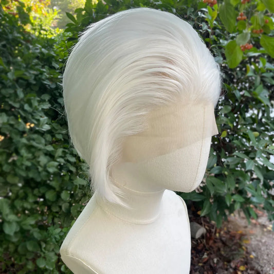 Widow's Peak Short Bob Cut Synthetic Lace Front Wigs for Women Cosplay Wigs for Men White Color Glueless 13x4 Lace Wigs Natural