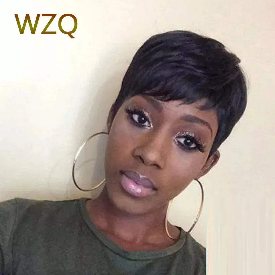 Glueless Short Pixie Cut Wig Human Hair Ready to Wear Brazilian Human Hair Wigs For Women Black Natural Color Full Machine Wigs