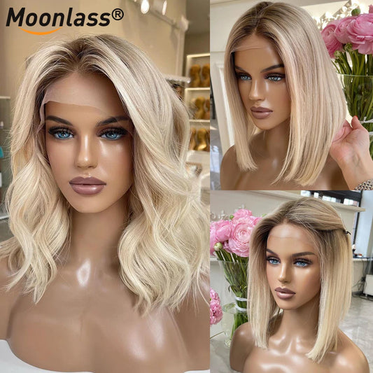 Moonlass Short Bob Cut Ash Blonde With Dark Root 100% Human Hair Wigs 220% Density Body Wave 13x4 Transparen Lace Front Wigs