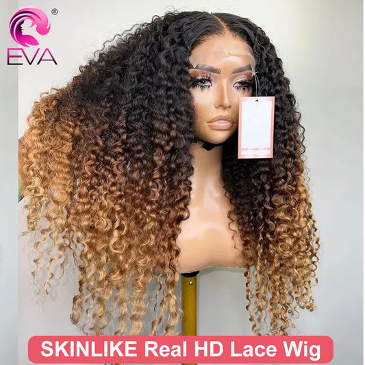 Eva Ombre Color Curly Wigs 13x6 HD Lace Frontal Wig Pre Plucked Human Hair HD Lace Front Wig 5x5 HD Lace Closure Wigs For Women